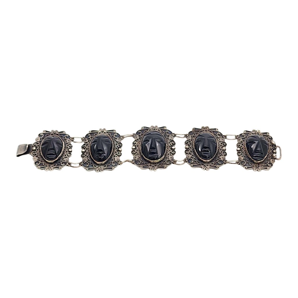 Sterling Silver Black Onyx Carved Face Filigree Link Bracelet #17684